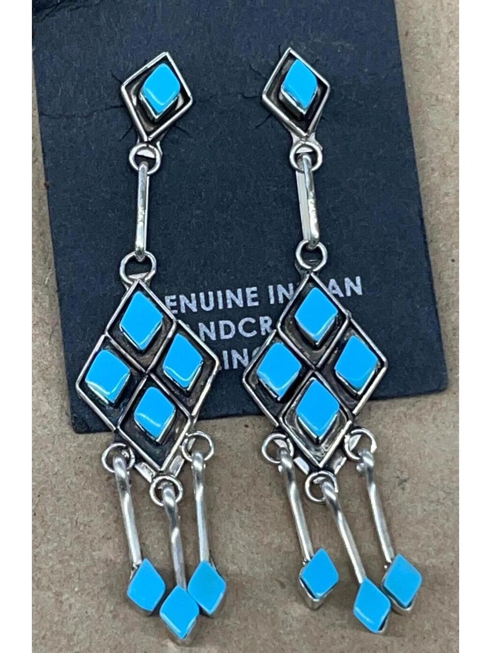 Zuni turquoise sterling silver petit point dangle earrings cluster
